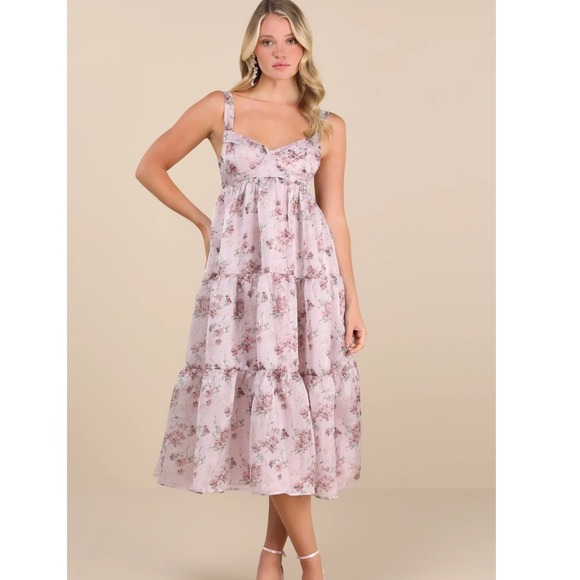 Lulus Dresses & Skirts - Lulus Marvelously Darling‎ Mauve Floral Organza Tiered Backless Midi Dress NWT S